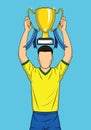 Happy sport player holding gold trophy comic style.