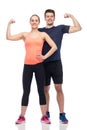 Happy sportive man and woman showing biceps power Royalty Free Stock Photo