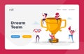 Happy Sports Team Celebrate Victory and Success Landing Page Template. Tiny Characters with Funny Attribution