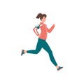 Happy sports woman enjoying outdoor running listening music in earphones vector flat illustration Royalty Free Stock Photo