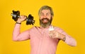 Happy sportsman hold barbell. bearded man drink useful milk. healthy diet after exercise in gym Fitness. milk and weight