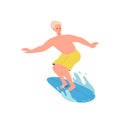 Happy sportsman surfing on board catching and breaking sea or ocean waves vector illustration