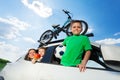 Happy sporty family travelling by car in summer Royalty Free Stock Photo