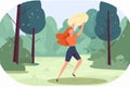 A happy, sporty girl playing with a frisbee in a park during summer, enjoying an active game in the forest. The illustration