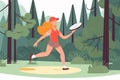 A happy, sporty girl playing with a frisbee in a park during summer, enjoying an active game in the forest. The illustration