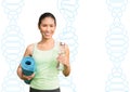 happy sporty woman with dna chains background