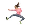 Happy sporty young woman jumping in fighting pose Royalty Free Stock Photo