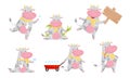 Happy Spotted Cow Cartoon Character Collection, Funny Humanized Farm Animal in Various Action Poses Vector Illustration Royalty Free Stock Photo