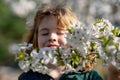 Happy spring. Close up portrait of smiling child face near blossom spring flowers. Kid among branches of spring tree in Royalty Free Stock Photo