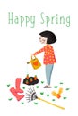 Happy Spring Gardening greeting card illustration. Hand drawn design with woman watering vegetables, garden tools. For