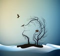 Happy spring tree concept, tree looks like man with birds, spring portrait of tree abstract, tree dream,