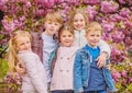 Happy spring vacation. Children enjoy warm spring. Lost in blossom. Girls and boys friends posing near sakura. Kids on Royalty Free Stock Photo