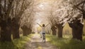 Happy springtime. Idyllic spring concept with a girl in bright light and vibrant colors on a sunny morning