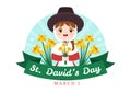 Happy St David`s Day on March 1 Illustration with Kids Welsh Dress, Dragons and Yellow Daffodils in Flat Cartoon Hand Drawn