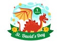 Happy St David\'s Day Vector Illustration on March 1 with Welsh Dragons and Yellow Daffodils in Celebration Holiday