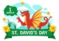 Happy St David\'s Day Vector Illustration on March 1 with Welsh Dragons and Yellow Daffodils in Celebration Holiday