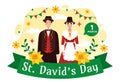 Happy St David\'s Day Vector Illustration on March 1 with Welsh Dragons and Yellow Daffodils in Celebration Holiday