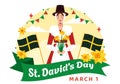 Happy St David\'s Day Vector Illustration on March 1 with Welsh Dragons and Yellow Daffodils in Celebration Holiday