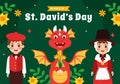 Happy St David\'s Day Vector Illustration on March 1 with Welsh Dragons and Yellow Daffodils in Celebration Holiday