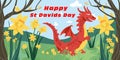 Happy St Davids Day Banner - Illustration with Red Dragon And Yellow Daffodils
