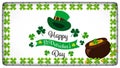 Happy St. Partick`s day greeting. Calligraphy design for cards. Typography on white background with green four-leaf shamrocks. Royalty Free Stock Photo