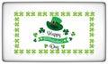 Happy St. Partick`s day greeting. Calligraphy design for cards. Typography on white background with green four-leaf shamrocks. Royalty Free Stock Photo