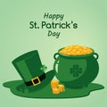 Happy St Patrick Day congratulation banner or party invitation template with leprechaun hat, pot with gold and shamrock. Royalty Free Stock Photo