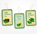 Happy St. Patrick Day stickers with Patrick's day symbols - green hat, lucky horseshoe, clover leaves, coins and pot