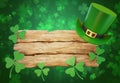 Happy St. Patrick`s Day background, banner, greeting card. Wooden background with clover, symbols of the holiday, with a place fo Royalty Free Stock Photo