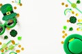 Happy St Patrick`s Day background. Frame borders made of party decorations, leprechauns hats, eyeglasses, gold coins, confetti on