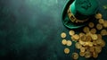 Happy St. Patrick's Day background with a leprechaun green hat full of gold coins