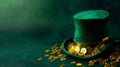 Happy St. Patrick's Day background with a leprechaun green hat full of gold coins