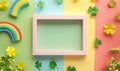 Happy St. Patrick's Day background with shamrock, frame and rainbow Royalty Free Stock Photo