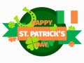 Happy St. Patrick\'s Day banner with clover, ribbon, horseshoe and Ireland flag isolated on white background