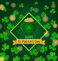 Happy St. Patrick\'s Day Banner Flyer vector illustration. Shamrock with golden coins pot on dark green pattern background. Royalty Free Stock Photo