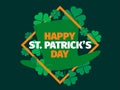 Happy St. Patrick\'s Day banner with green clover leaves and leprechaun hat. Square frame with text and green clover leaves Royalty Free Stock Photo
