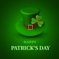 Happy St. Patrick`s Day banner. Greeting card with green leprechaun hat with a strap and clover leaf on green background. Irish Royalty Free Stock Photo