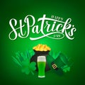 Happy St. Patrick s day calligraphy hand lettering, Leprechaun s hat, clover, glass of green beer and pot of golden coins. Saint Royalty Free Stock Photo