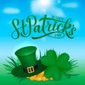 Happy St. Patrick s day calligraphy hand lettering, Leprechaun s hat, clover and golden coins. Saint Patricks day greeting card,