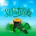 Happy St. Patrick s day calligraphy hand lettering, Leprechaun s hat, clover, green beer and pot of golden coins. Saint Patricks Royalty Free Stock Photo
