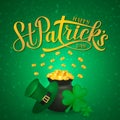Happy St. Patrick s day calligraphy hand lettering, Leprechaun s hat, clover and pot of golden coins. Saint Patricks day greeting Royalty Free Stock Photo