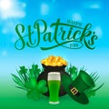 Happy St. Patrick s day calligraphy hand lettering, Leprechaun s hat, pot of golden coins, clover, and green beer. Saint Patricks Royalty Free Stock Photo