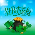 Happy St. Patrick s day calligraphy hand lettering, pot of golden coins, Leprechaun s hat, clover, and green beer. Saint Patricks Royalty Free Stock Photo