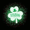 Happy St. Patrick s day calligraphy hand lettering and shamrock clover on green glitter confetti background. Saint Patricks day Royalty Free Stock Photo