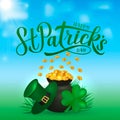 Happy St. Patrick s day calligraphy lettering, Leprechaun s hat, clover leaf and pot of golden coins. Saint Patricks day greeting