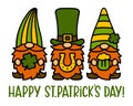 Happy st. Patrick`s Day card. Gnomes with clover, horseshoe and beer