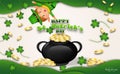 Happy St. Patrick\'s Day with cauldron , coins ,clovers and hat to event of vector illustration