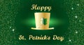 Happy St. Patrick`s Day celebration concept with Golden Hat, Clover and Lettering Typography on a green background Royalty Free Stock Photo