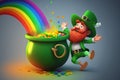Happy St. Patrick\'s Day concept with leprechaun, gold pot and rainbow. Royalty Free Stock Photo