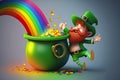 Happy St. Patrick\'s Day concept with leprechaun, gold pot and rainbow. Royalty Free Stock Photo